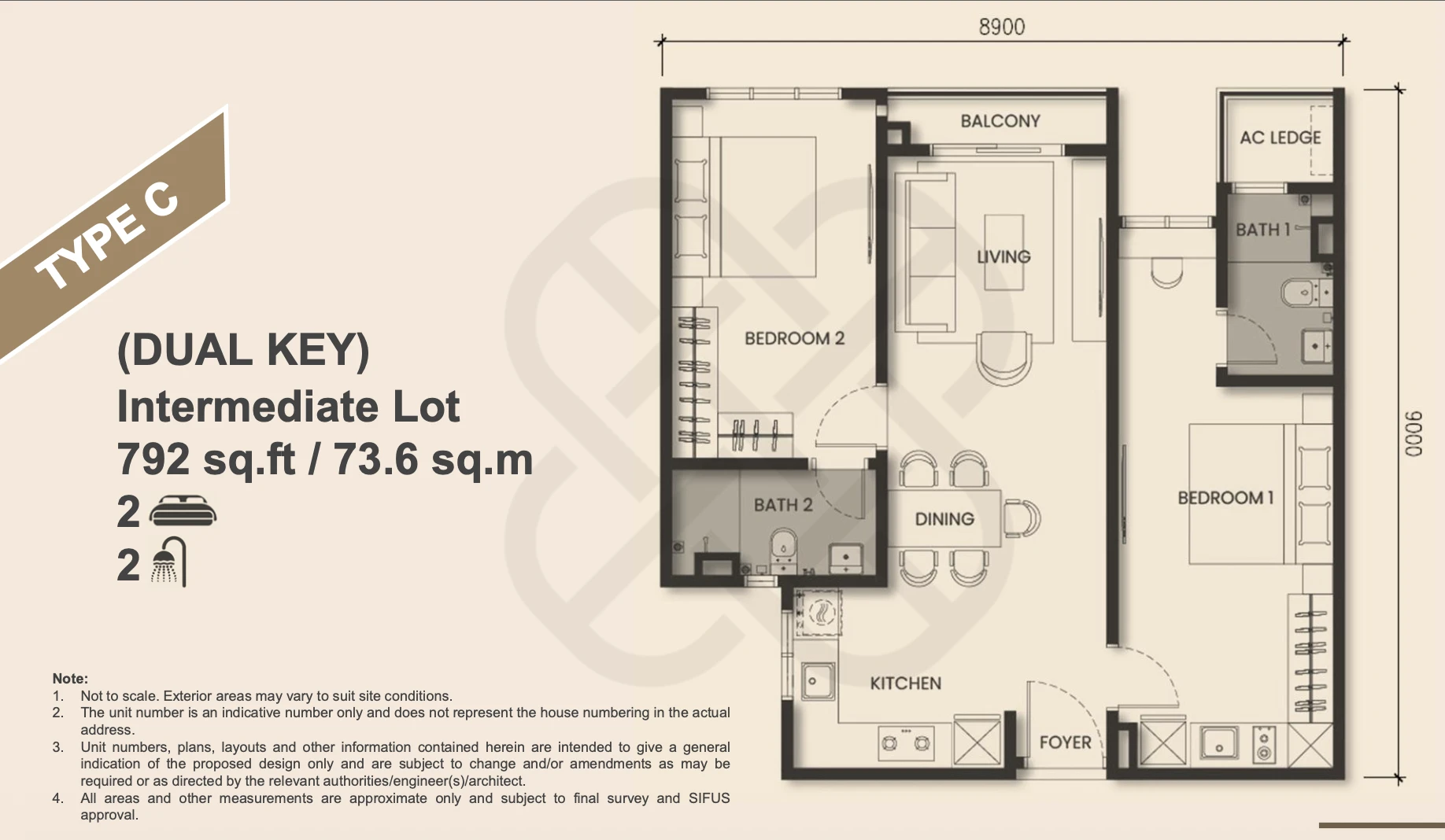 Monterra @ Solaris Tebrau Type C 2 bedrooms · dual key 792 sqft floor plan